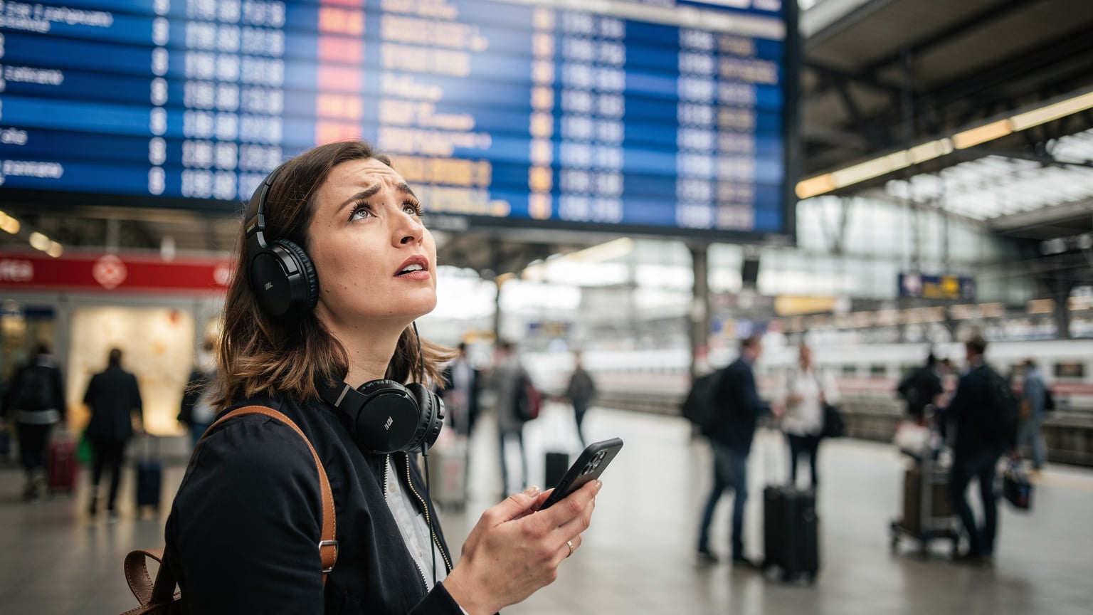 En kvinne med hodetelefoner og en smarttelefon ser forvirret på en togplan på en travel europeisk togstasjon.