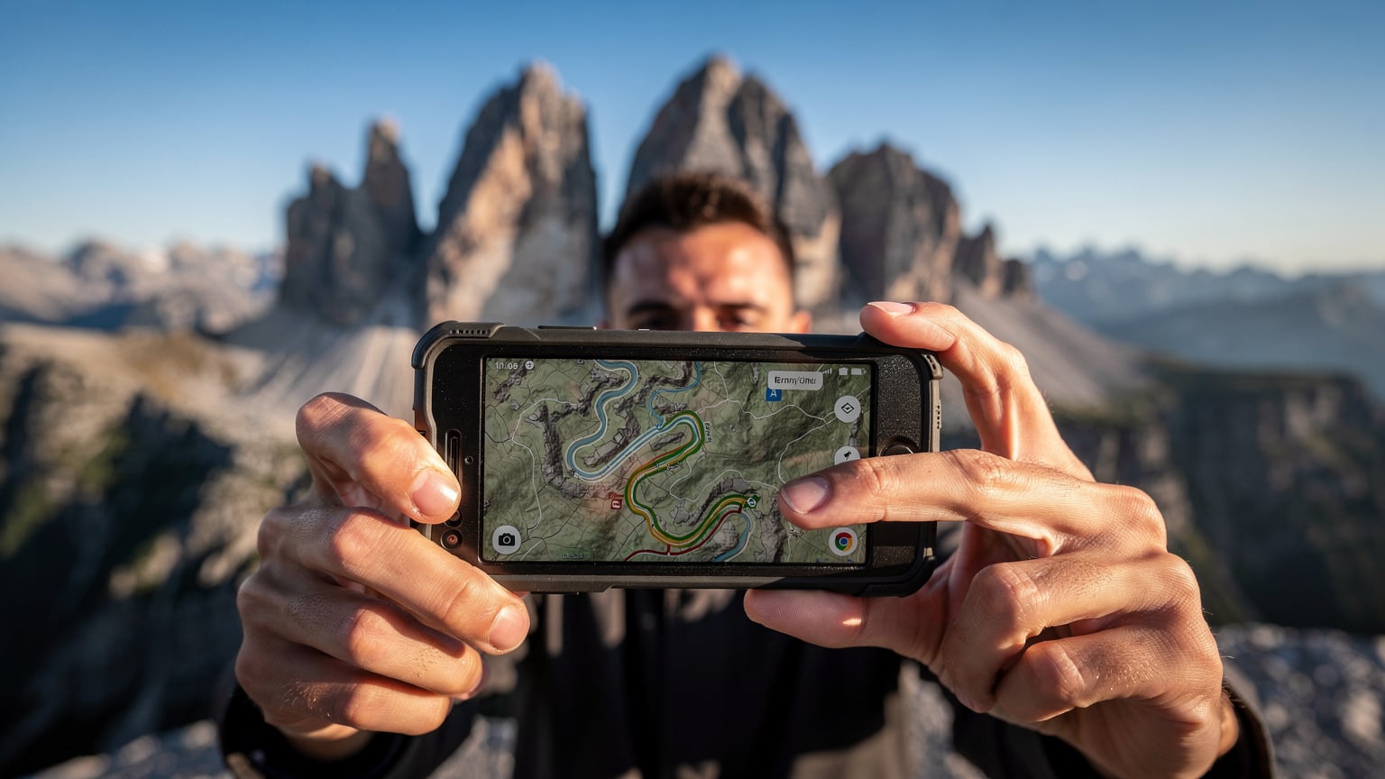 En person peker på et snødekt fjellområde på et digitalt kart på en robust smarttelefon, med majestetiske alper i bakgrunnen.