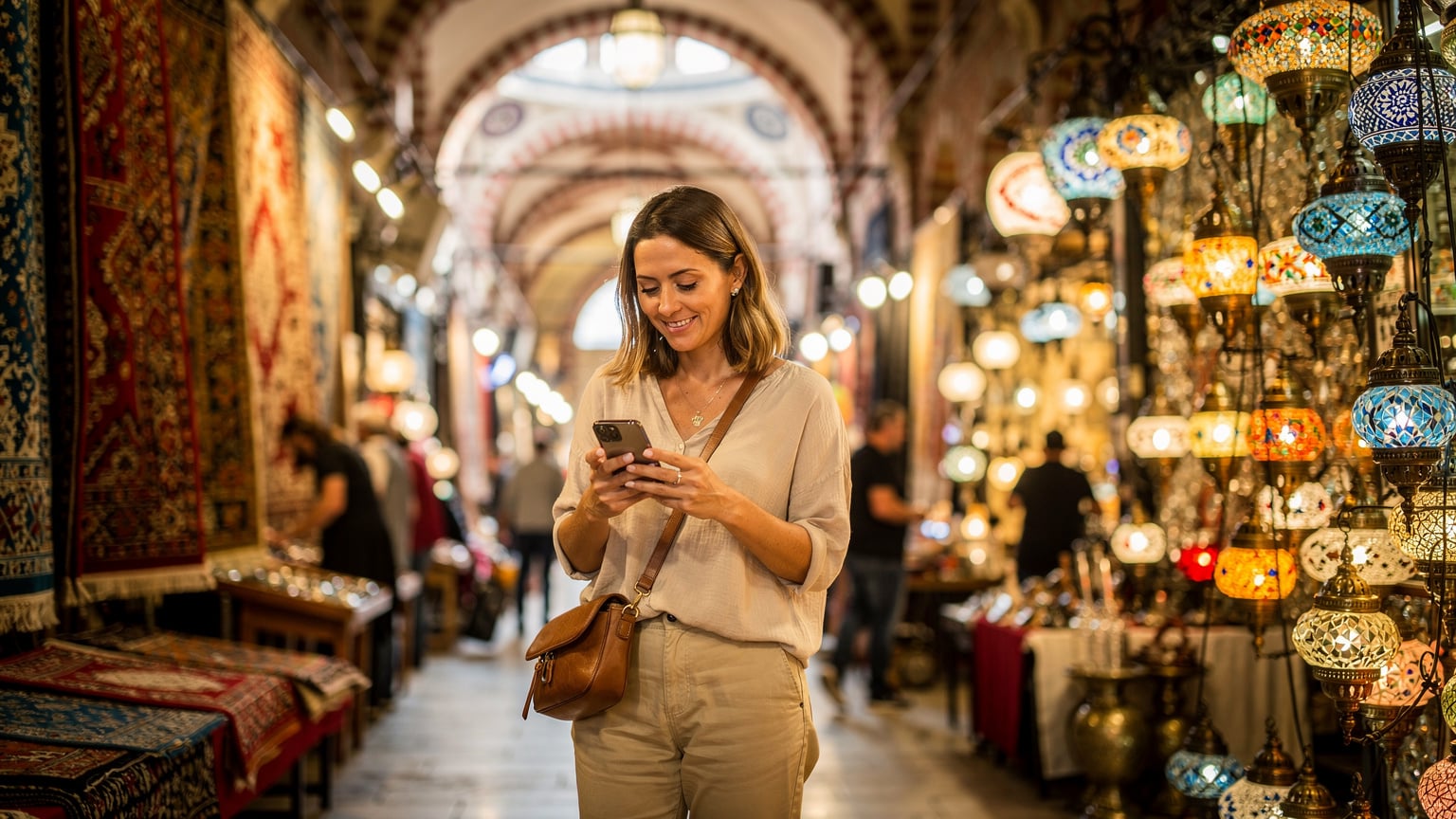 A traveler in Istanbul's Grand Bazaar checking their phone, confirming their Turkcell eSIM connection, amidst vibrant textiles and historical architecture.