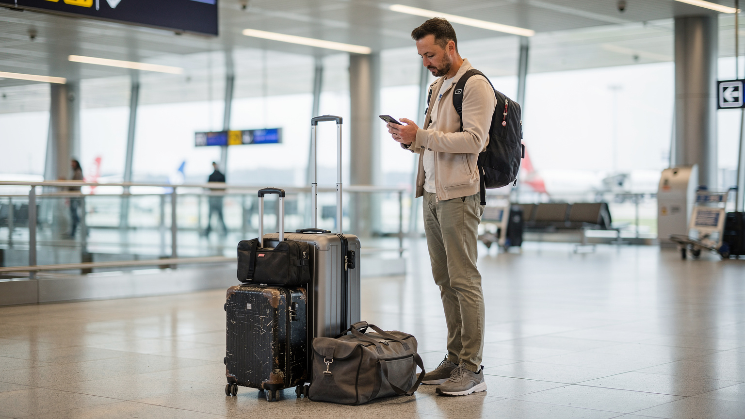 Un viaggiatore con lo smartphone in mano consulta una mappa digitale, con una pila di valigie e una borsa da viaggio accanto, in un ambiente che suggerisce l'inizio di un'avventura nei Balcani.
