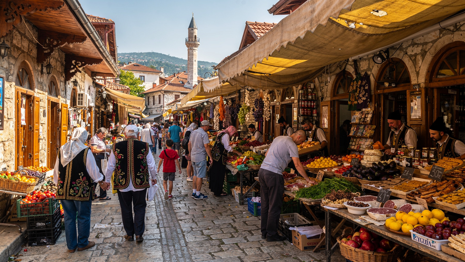 Un vivace mercato di frutta e verdura a Sarajevo, con bancarelle colorate e persone che passeggiano, e sullo sfondo si intravede una moschea storica.