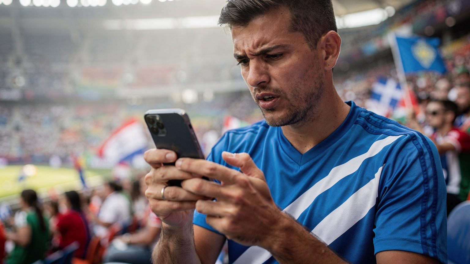 Ένας Έλληνας φίλαθλος χρησιμοποιεί το smartphone του για να παρακολουθήσει ζωντανά έναν αγώνα των Ολυμπιακών Αγώνων του Παρισιού, ενώ βρίσκεται σε ένα πολυσύχναστο γήπεδο, με φόντο το πλήθος και τη δράση.
