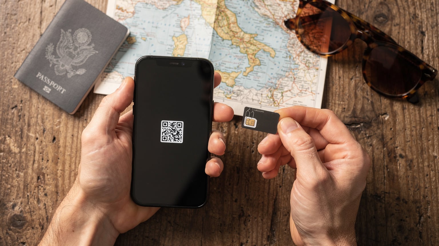 Κοντινό πλάνο σε χέρια που κρατούν ένα smartphone, δείχνοντας τον κωδικό QR μιας eSIM έτοιμο για σάρωση, με φόντο έναν ταξιδιωτικό χάρτη της Ιταλίας και ένα διαβατήριο.
