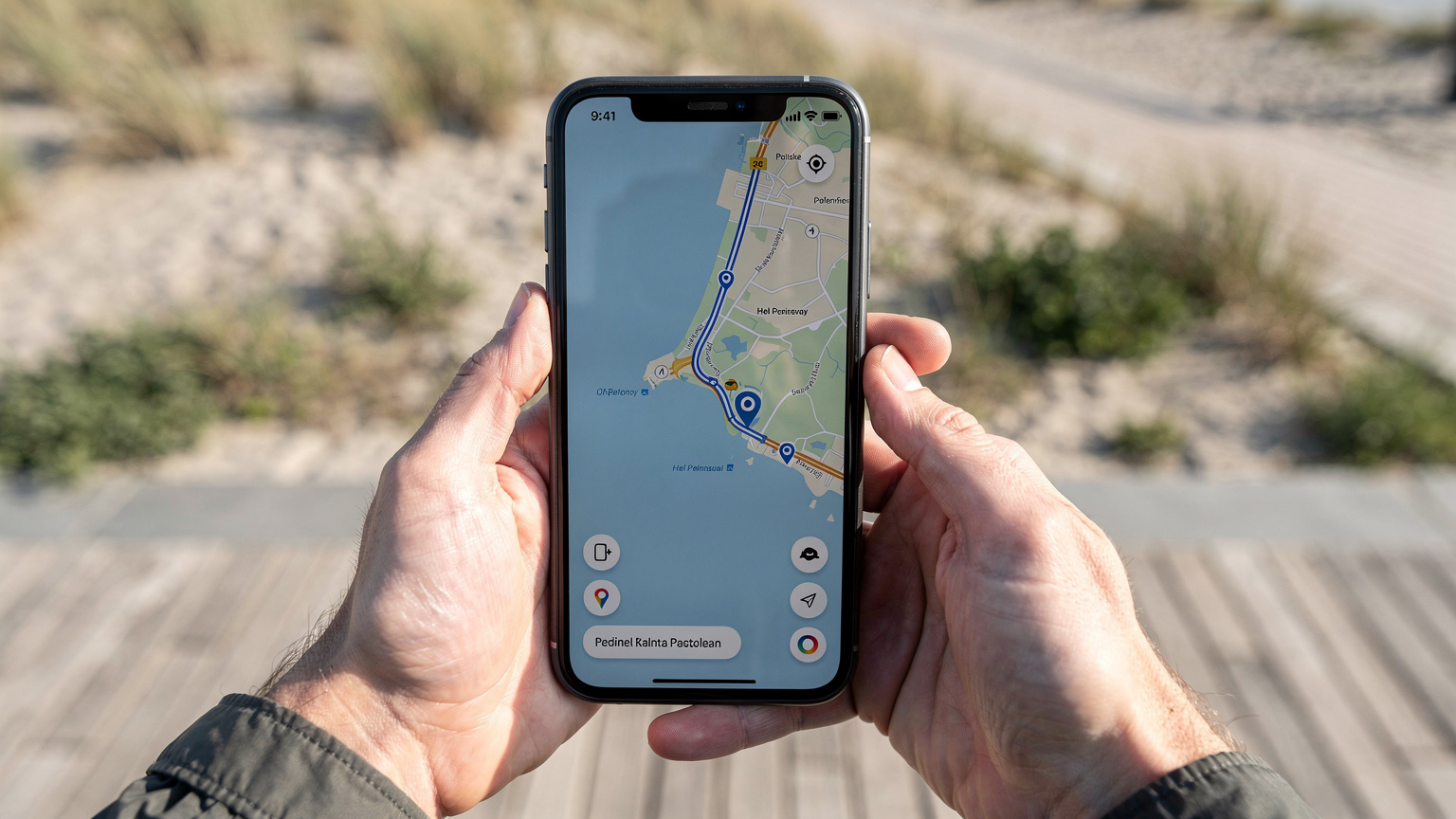 Dłonie turysty trzymającego smartfon z widoczną na ekranie aplikacją nawigacyjną z trasą wzdłuż polskiego wybrzeża Bałtyku, z częściowo widoczną mapą offline.