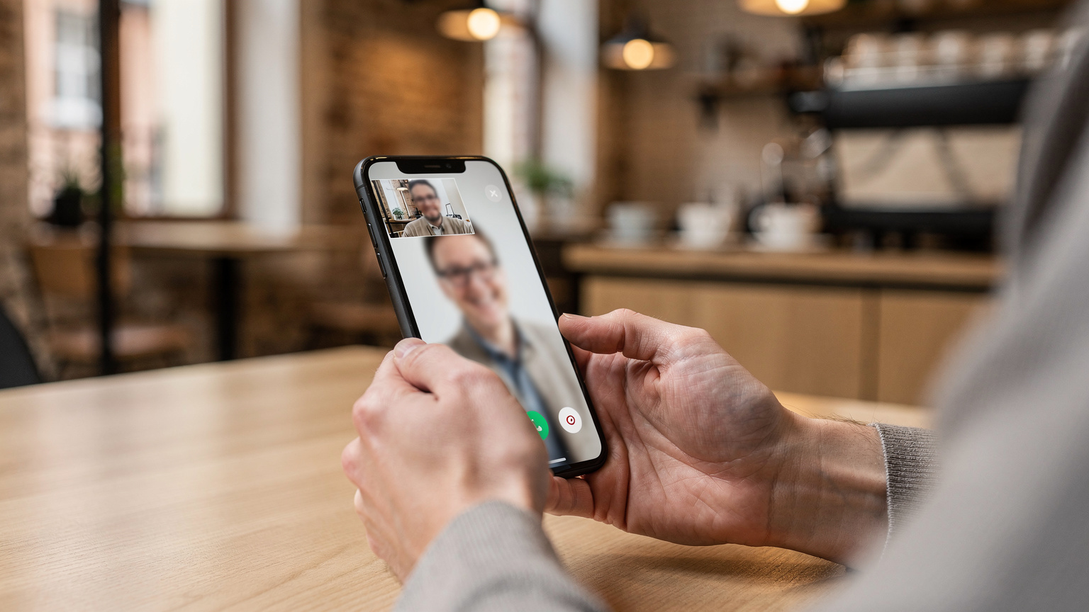 Zbliżenie na smartfon wyświetlający ekran wideorozmowy, trzymany przez dłonie osoby siedzącej w modnej wileńskiej kawiarni, z rozmytym tłem.