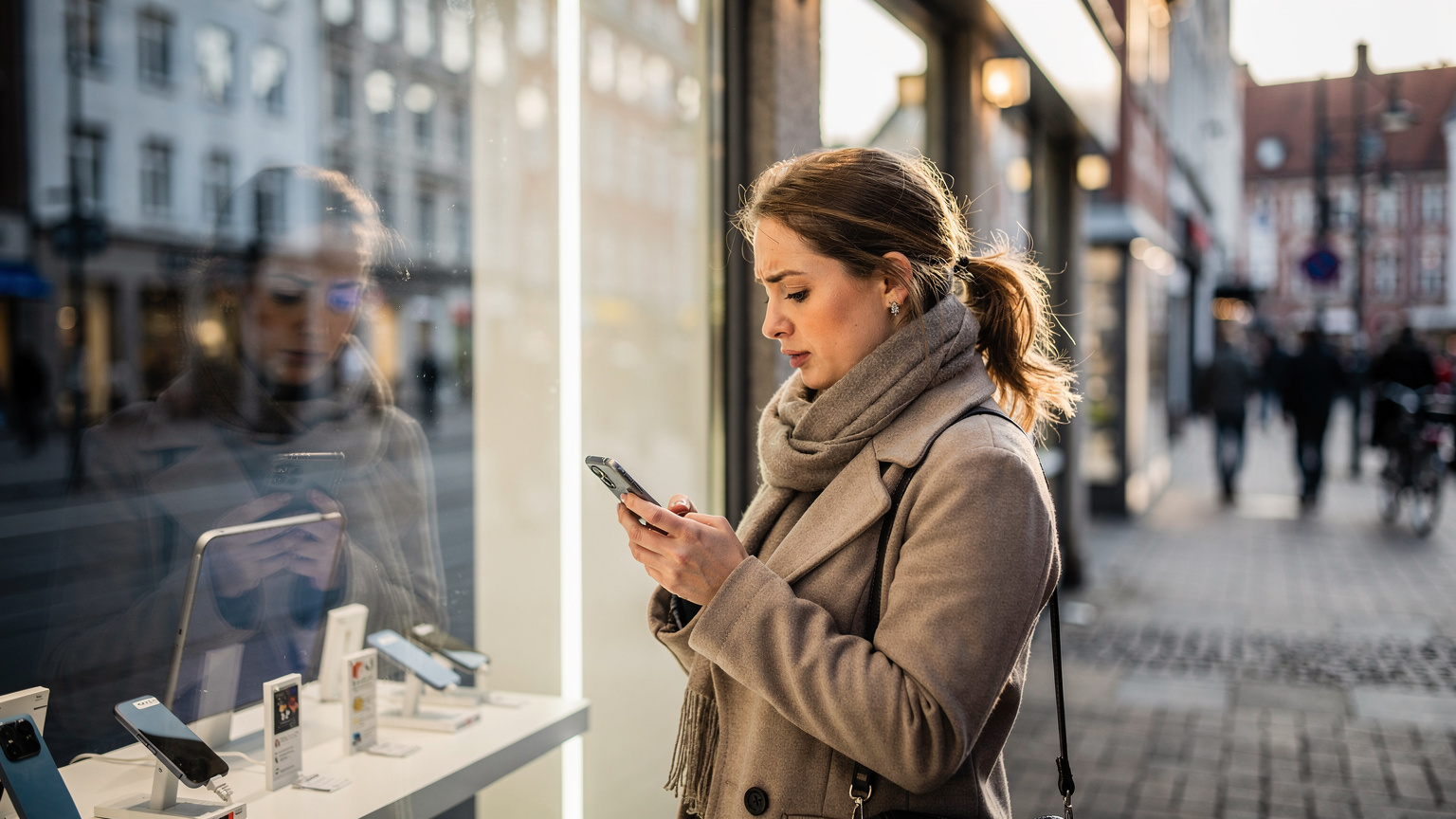 Kobieta stojąca przed witryną sklepu z elektroniką w Rostocku, z lekko zaniepokojonym wyrazem twarzy, trzymająca smartfon i zastanawiająca się nad lokalnymi opcjami SIM.