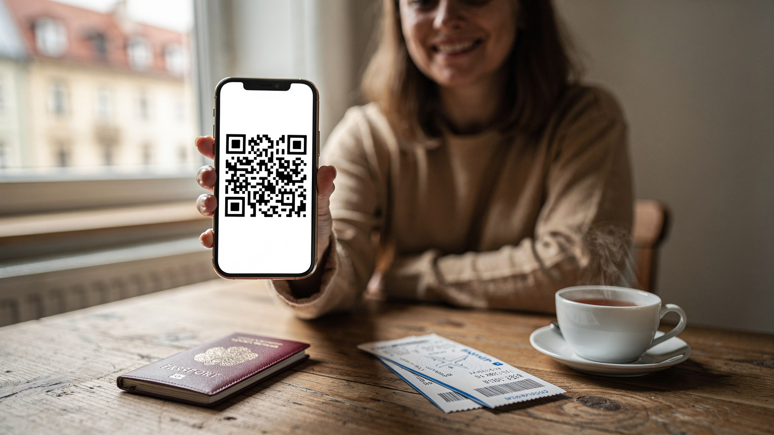 Kobieta uśmiecha się, trzymając smartfon z kodem QR do aktywacji eSIM, leżącym obok paszportu i biletów lotniczych na drewnianym stole w Krakowie.