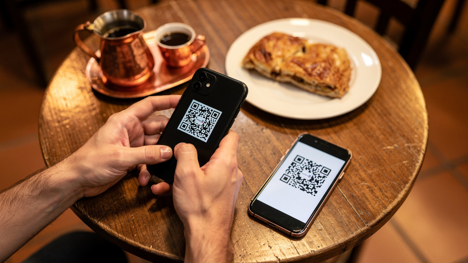 Bir kafede otururken, bir gezginin eli akıllı telefon ekranında eSIM kurulumu için QR kodu tarama işlemini gerçekleştiriyor.