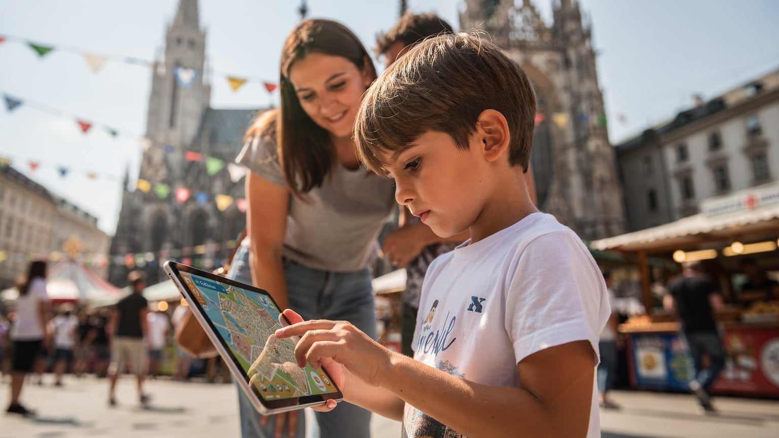 Un copil curios folosind o tabletă pentru a naviga o hartă interactivă a unui festival de artă într-o piață aglomerată din Viena, cu părinții supraveghind din spate, evidențiind utilizarea tehnologiei în călătoriile de familie.