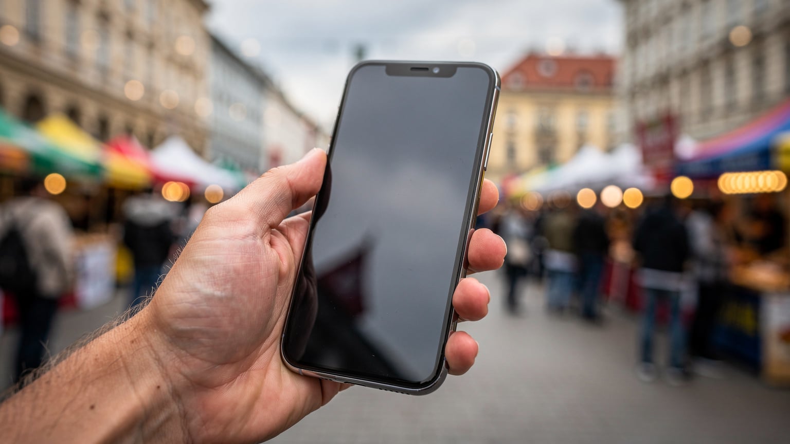 Mână de adult configurând setările unui eSIM pe un smartphone, cu fundalul estompat al unei piețe vibrante din Viena, plină de oameni și standuri de festival, arătând ușurința activării eSIM.