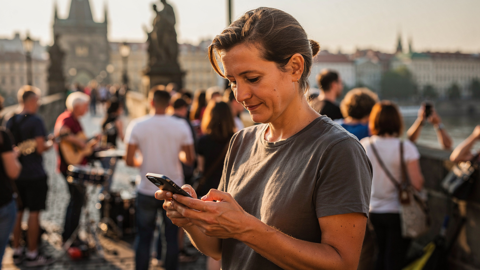Un părinte călător consultând un telefon cu un plan eSIM activ, în timp ce pe fundal se observă o scenă cu un eveniment cultural în aer liber, cu o mulțime de oameni, ilustrând conectivitatea în timpul festivalurilor.
