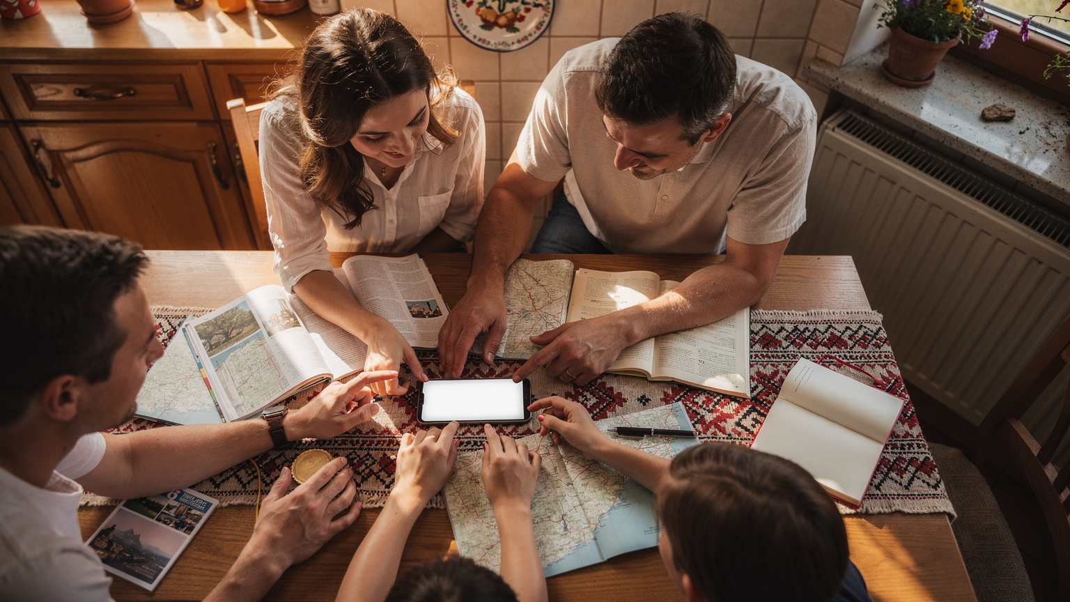 O familie română, părinți și doi copii, planificând o vacanță europeană cu un telefon compatibil eSIM pe masa din bucătărie, înconjurată de hărți și ghiduri turistice, cu o atmosferă caldă și primitoare.