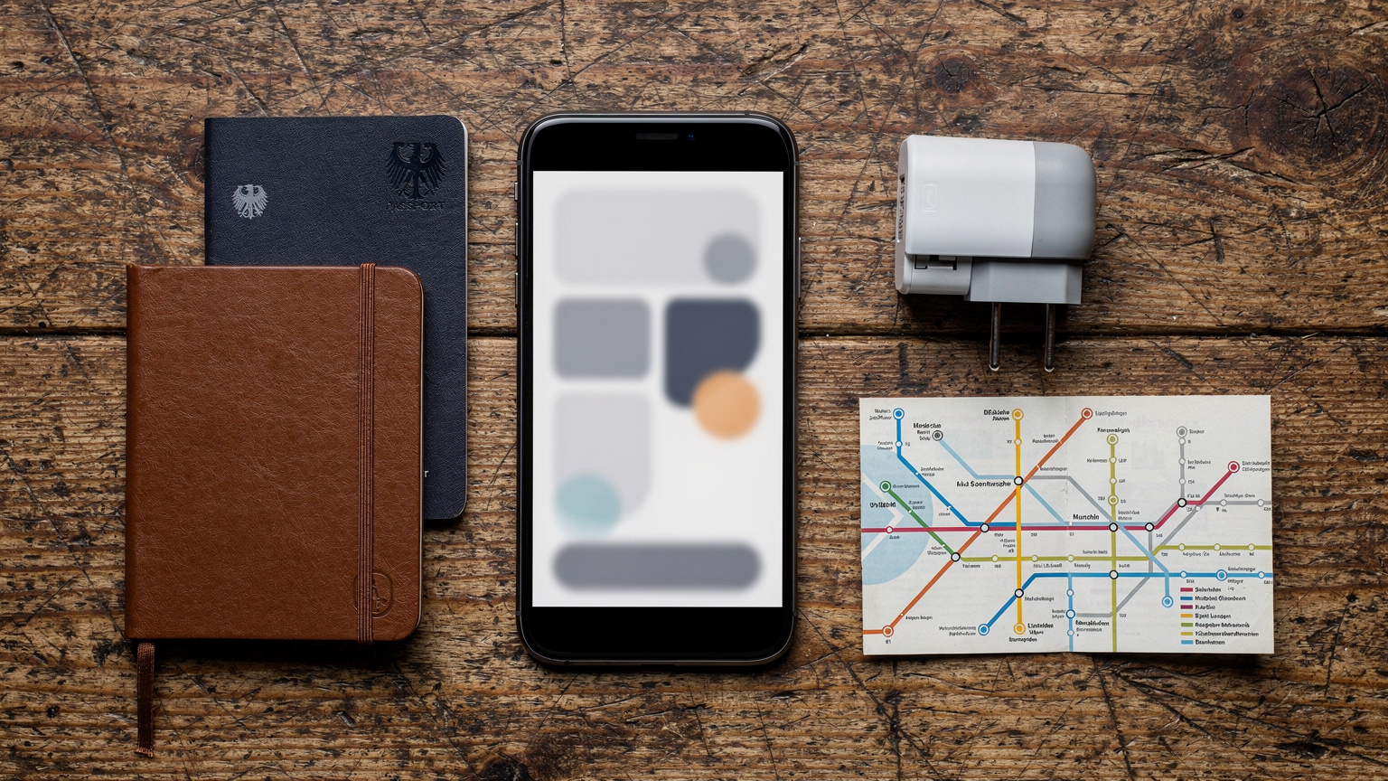 An editorial flat-lay of travel essentials: a smartphone displaying a Cellesim app, a passport, a travel adapter, a small notebook, and a local transit map for a European city, all arranged on a rustic wooden table.