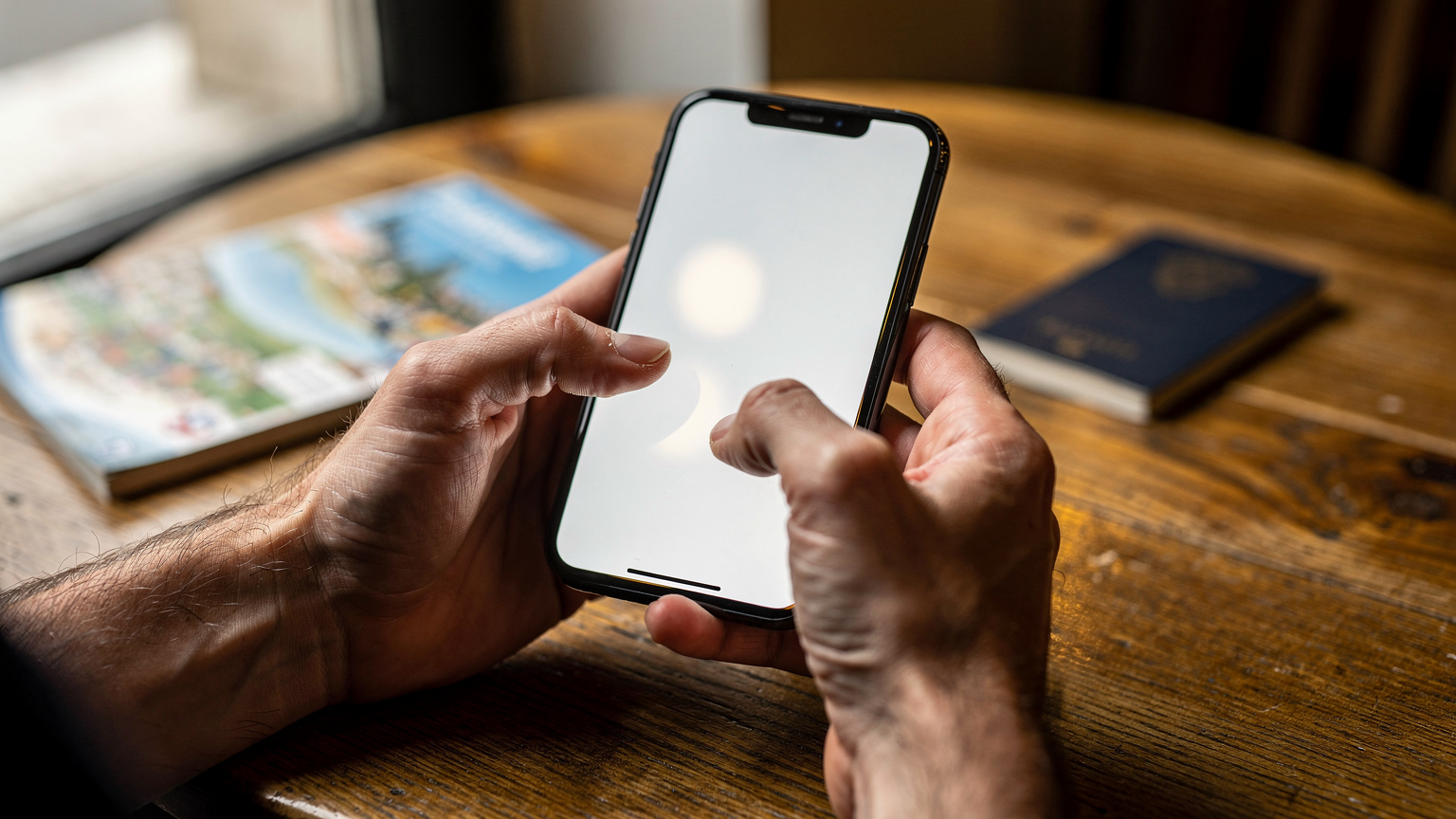 A person's hands are shown interacting with their smartphone, scrolling through eSIM plan options for Europe, with a travel guide and passport nearby.