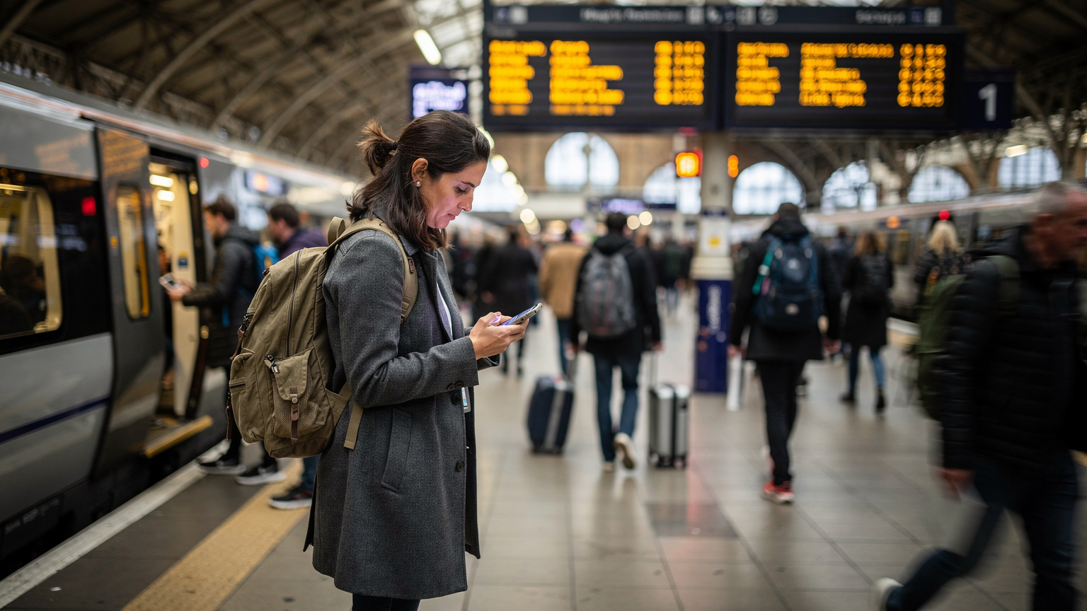 A traveler is looking frustrated at their phone screen in a busy European train station, with a 'No Signal' icon subtly visible, surrounded by bustling crowds and train departure boards.