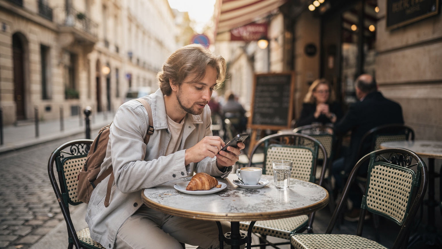 Un voyageur consulte son téléphone dans un café parisien typique du Marais, avec une tasse de café et un croissant à côté, symbole de la préparation du voyage.