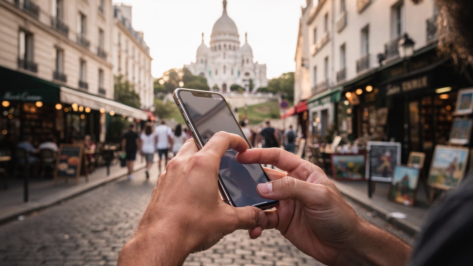 Une personne active une eSIM sur son téléphone dans le quartier animé de Montmartre à Paris, avec le Sacré-Cœur en arrière-plan.