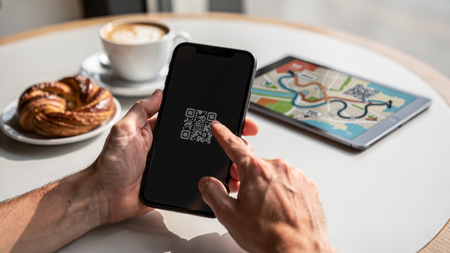 Nahaufnahme eines Smartphones in den Händen einer Person, die gerade einen QR-Code scannt, um eine eSIM zu installieren, mit einer unscharfen Reiseroute auf einem Tablet im Hintergrund.