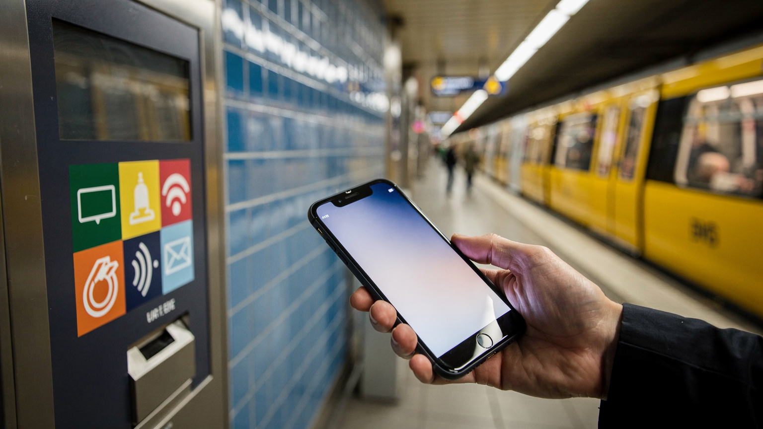 Eine Person bezahlt kontaktlos mit ihrem Smartphone an einem Fahrkartenautomaten der BVG in Berlin, im Hintergrund eine typische Berliner U-Bahn-Station mit blauen Fliesen und gelben Zügen.