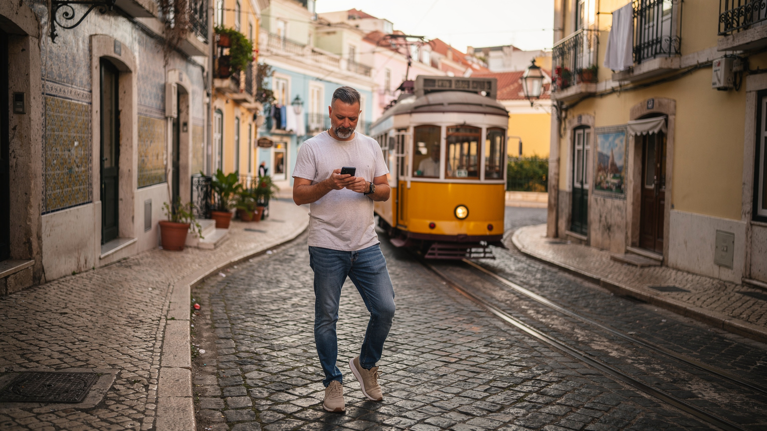 Un homme consulte son téléphone devant le tram jaune emblématique de Lisbonne, montrant l'intégration de la technologie mobile dans la vie quotidienne des habitants et des visiteurs.