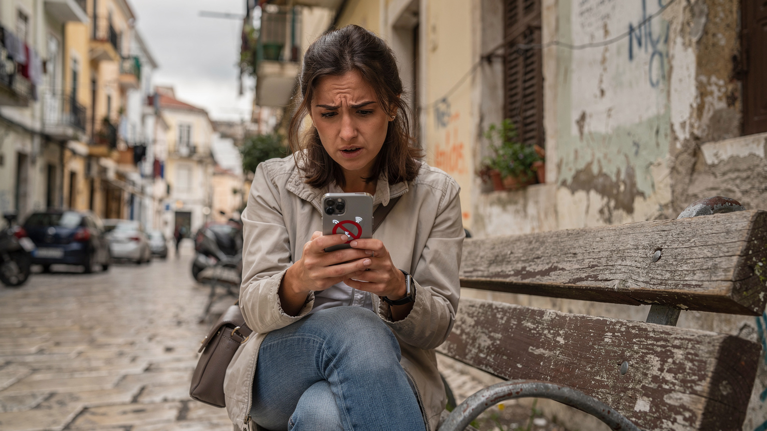 Une femme, l'air contrarié, regarde son téléphone affichant un message d'erreur de connexion, assise sur un banc public dans une ville européenne, illustrant les frustrations des problèmes de réseau en voyage.