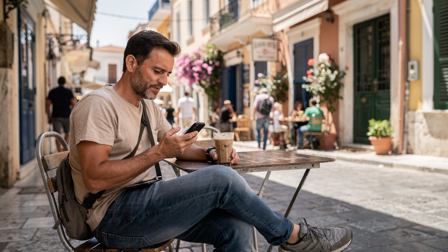 Un café animé dans le quartier de Plaka à Athènes, avec un voyageur utilisant son téléphone pour chercher des informations, illustrant le besoin d'une bonne connectivité en ville.