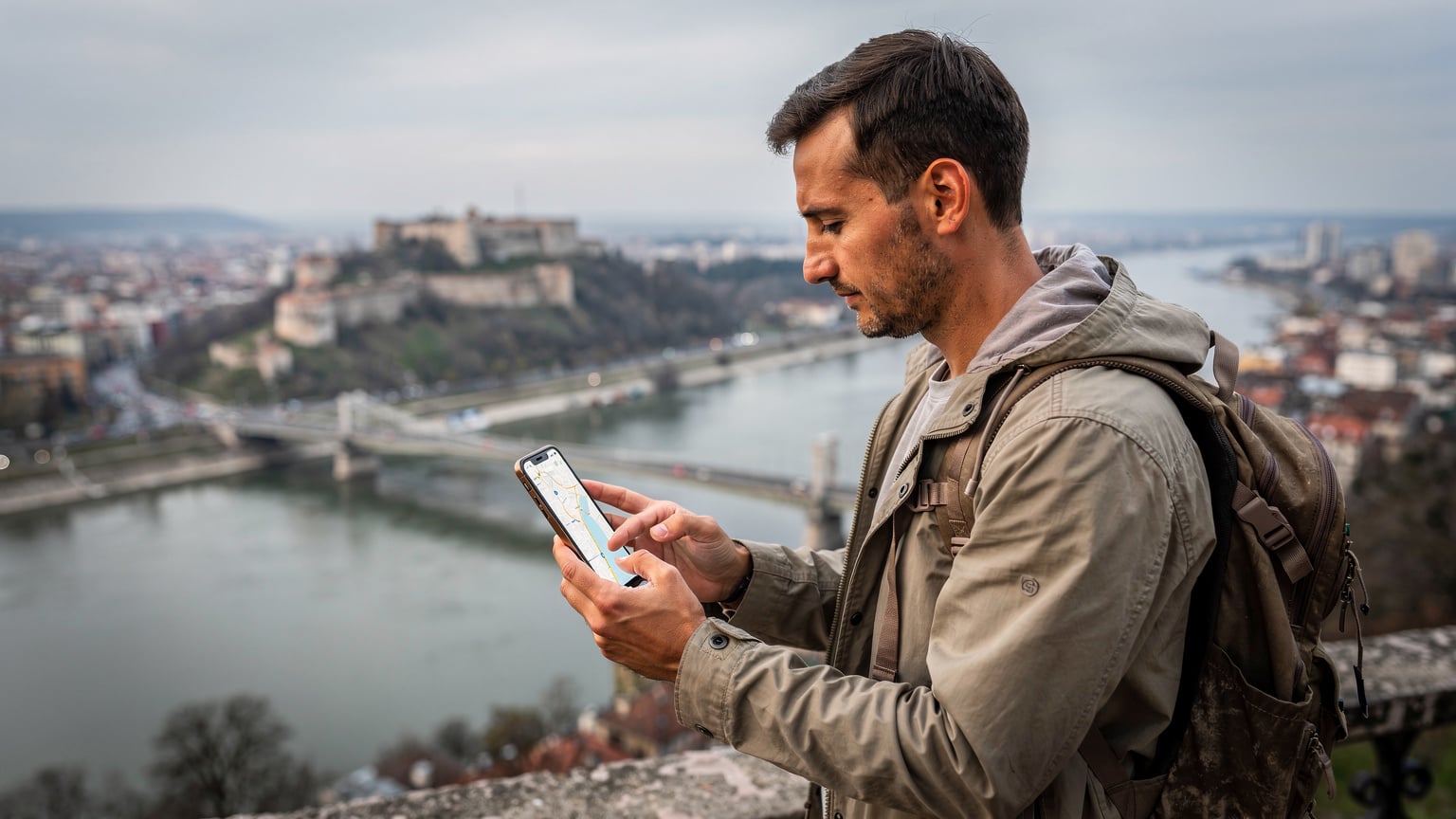Un călător folosește o aplicație de hărți pe telefon, având în fundal o imagine panoramică a orașului Belgrad, cu fortăreața Kalemegdan și râurile Sava și Dunărea.