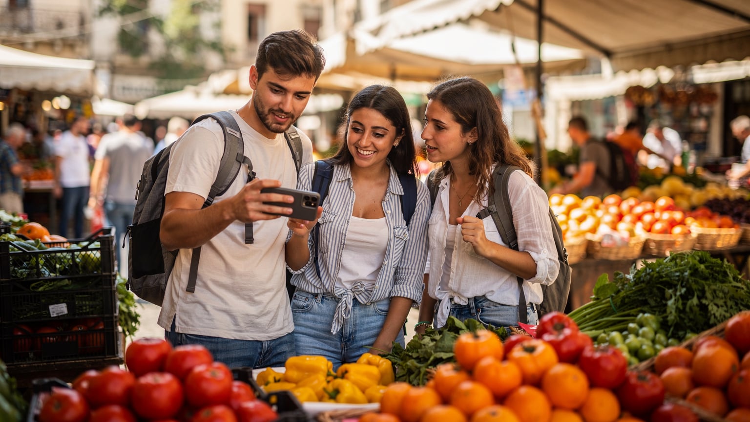 Un grup de tineri backpackeri la o piață locală aglomerată din Tirana, Albania, admirând fructe și legume proaspete. Unul dintre ei arată ceva pe telefonul său unui prieten.