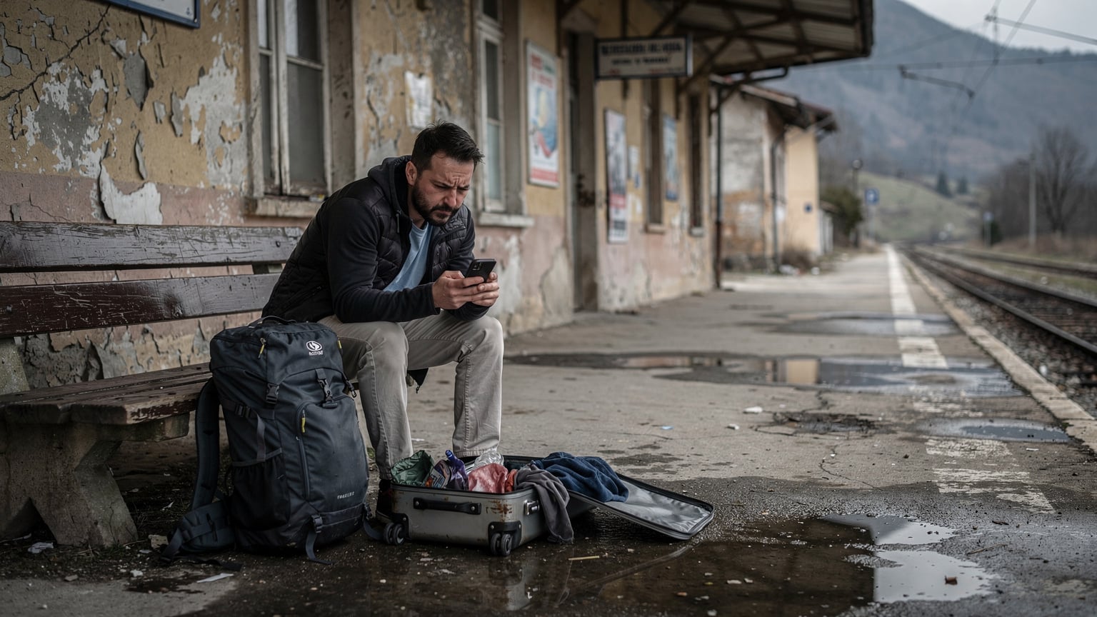 Un călător cu rucsac stă pe o bancă într-o gară veche, arătând semne de frustrare în timp ce se uită la telefonul său care afișează 'No Service'. Valiza lui deschisă este lângă el.
