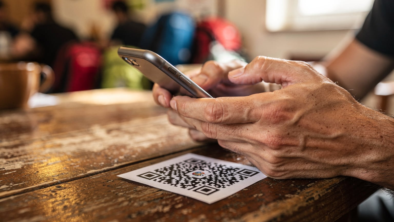 Vedere de aproape a mâinilor unui călător care scanează un cod QR de pe un printout cu telefonul său compatibil eSIM, pe o masă de lemn dintr-un hostel aglomerat din Skopje, Macedonia de Nord.