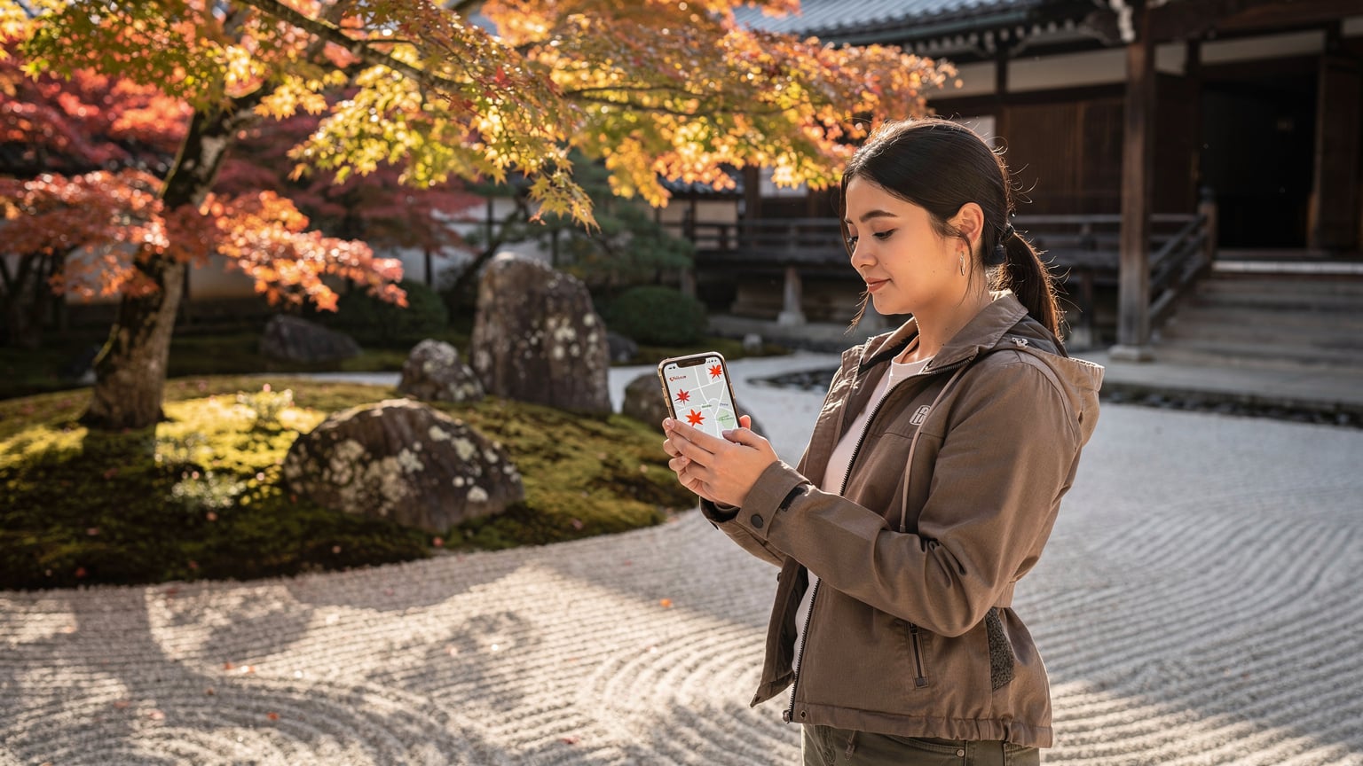 一位旅行者在日本京都的寺廟庭院中,用手機查詢楓葉情報。背景是古樸的建築和紅黃相間的楓葉,陽光溫暖。