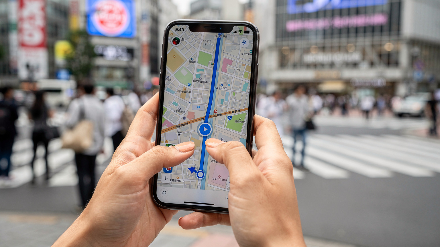 一雙手正在操作智能手機,屏幕上顯示著Google Maps的實時路線導航,背景是東京澀谷繁忙的街頭,人們在等待過馬路。