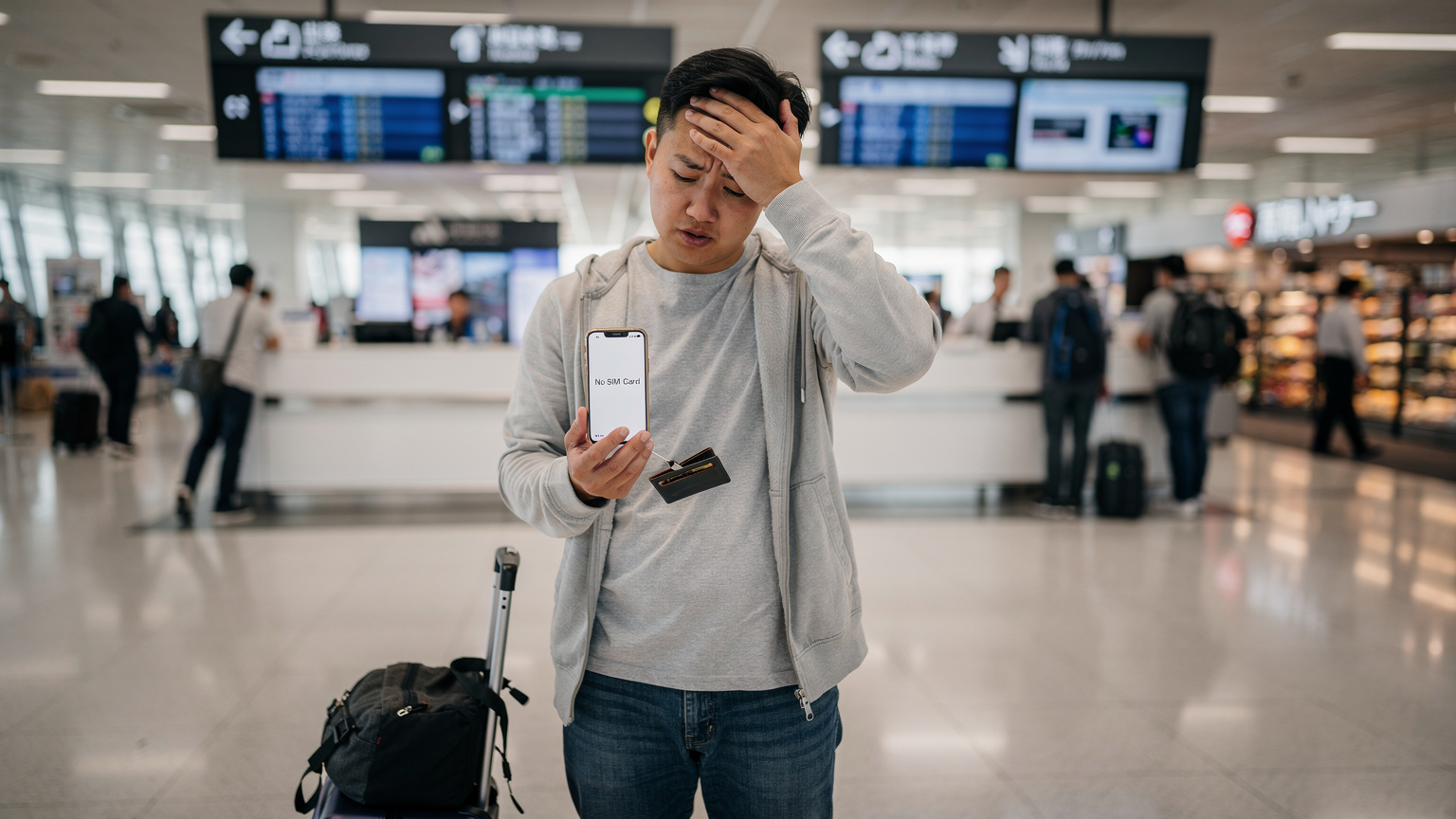 一名中國大陸遊客在東京成田機場,手持一部中國大陸版iPhone,屏幕上顯示著“無SIM卡”的提示,表情略顯困惑。旁邊是行李和機場標識。