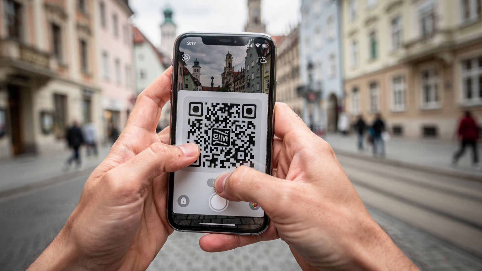 En reisende skanner en QR-kode på en smarttelefon for å aktivere eSIM, med en bakgrunn av historiske bygninger i München.