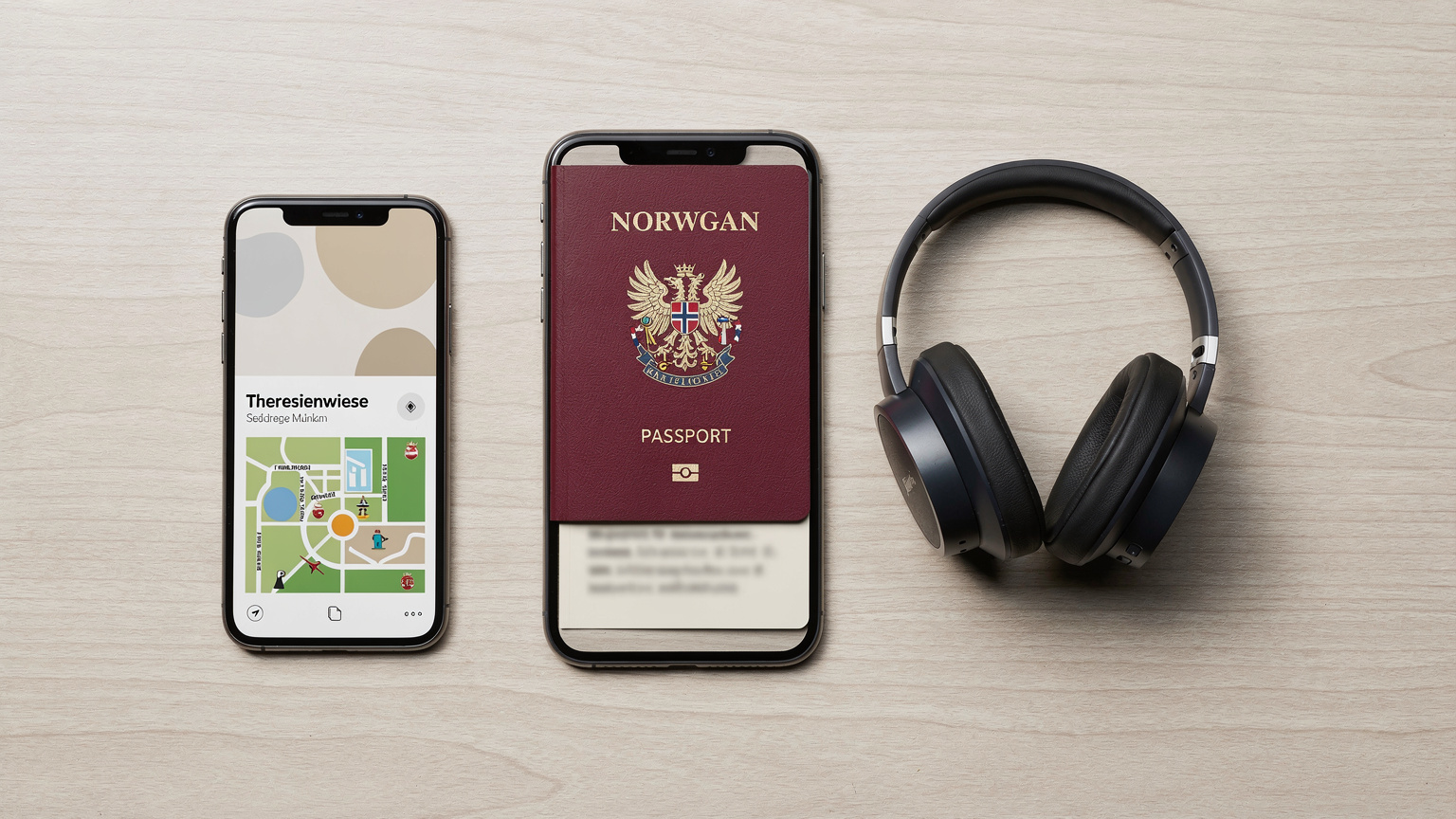 Et editorial flat-lay av reiseessensielle ting: et norsk pass, en smarttelefon med eSIM-profilen synlig (uten lesbar tekst), hodetelefoner, en liten tysk parlør, og et stilistisk kart over Theresienwiese.