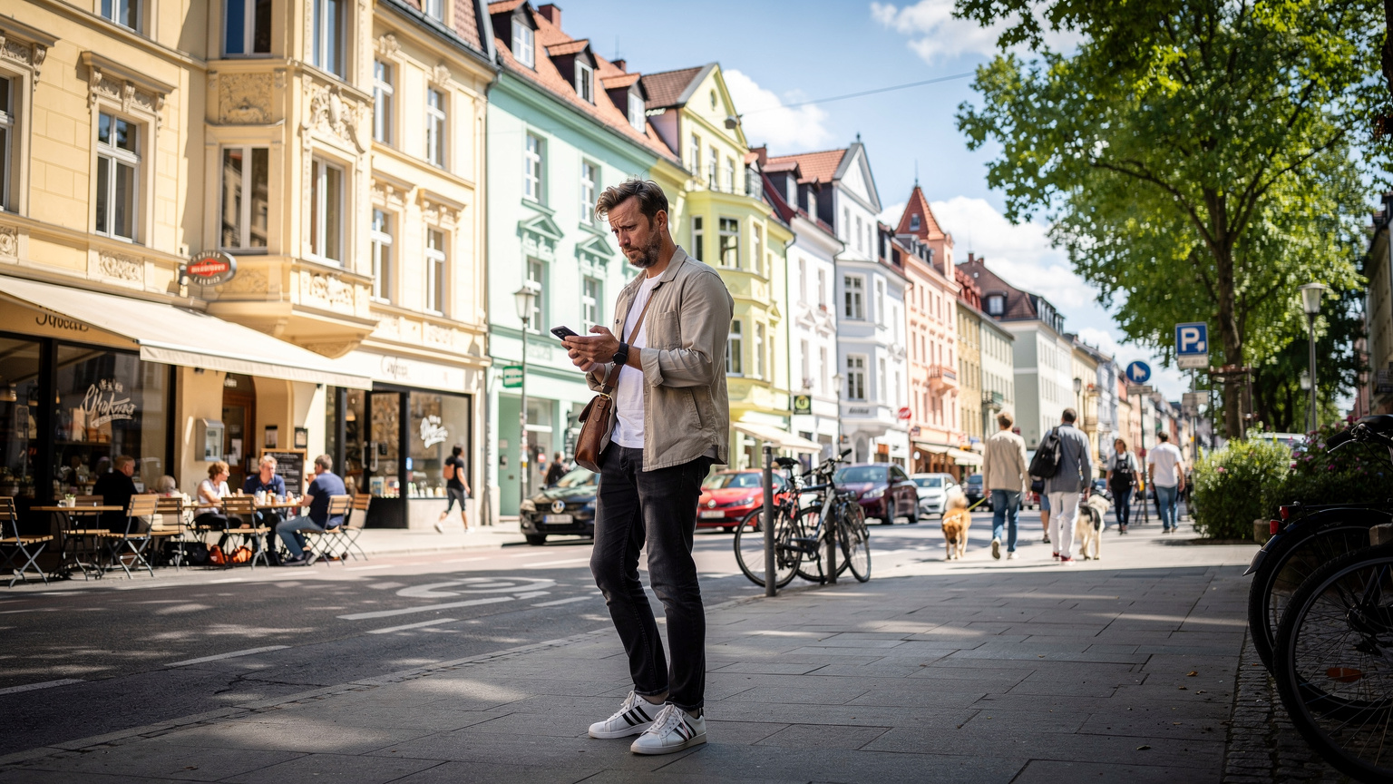 En travel gate i Münchens bydel Schwabing, med folk som går forbi kafeer og butikker, der en person ser på telefonen sin med et litt bekymret uttrykk.