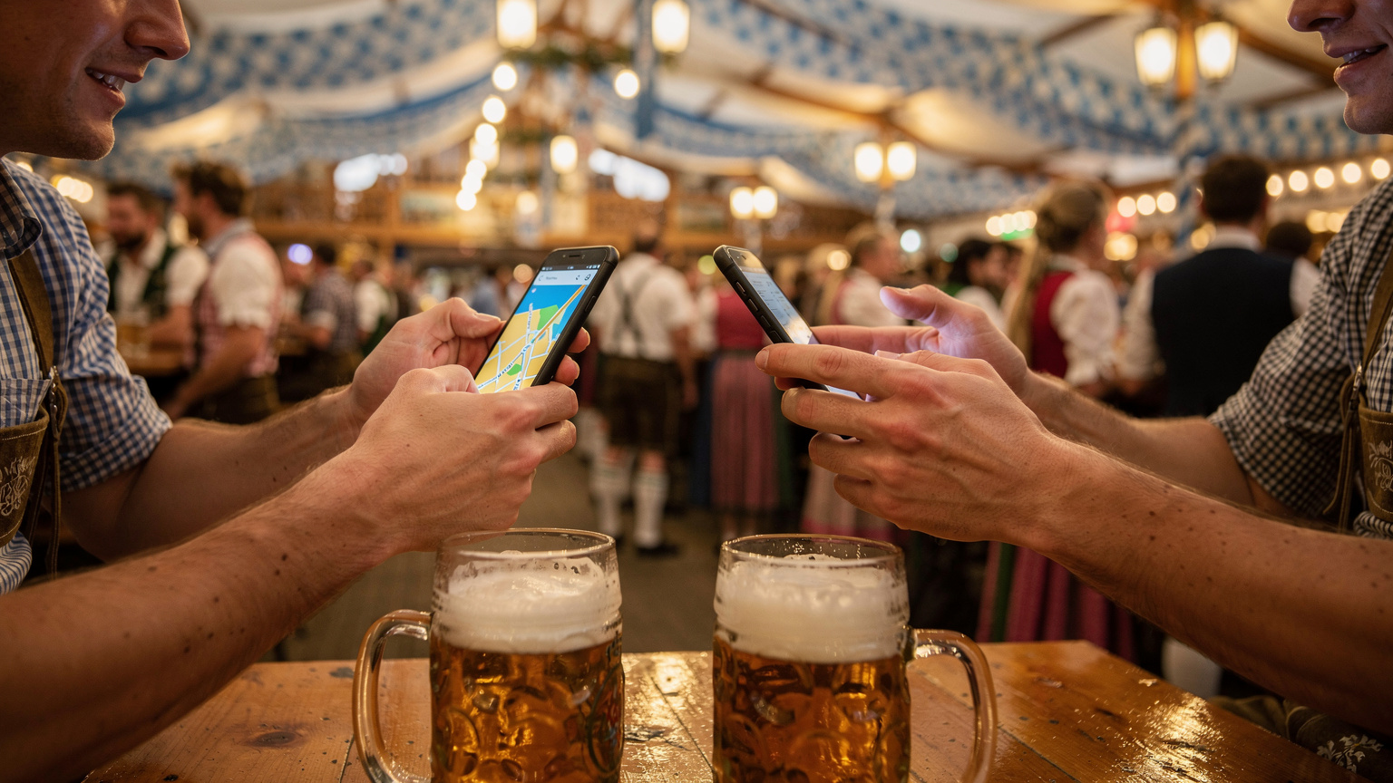 Nærbilde av to hender som holder smarttelefoner i et overfylt øltelt på Oktoberfest, der den ene viser et digitalt kart og den andre sender en melding, med ølkrus i forgrunnen.