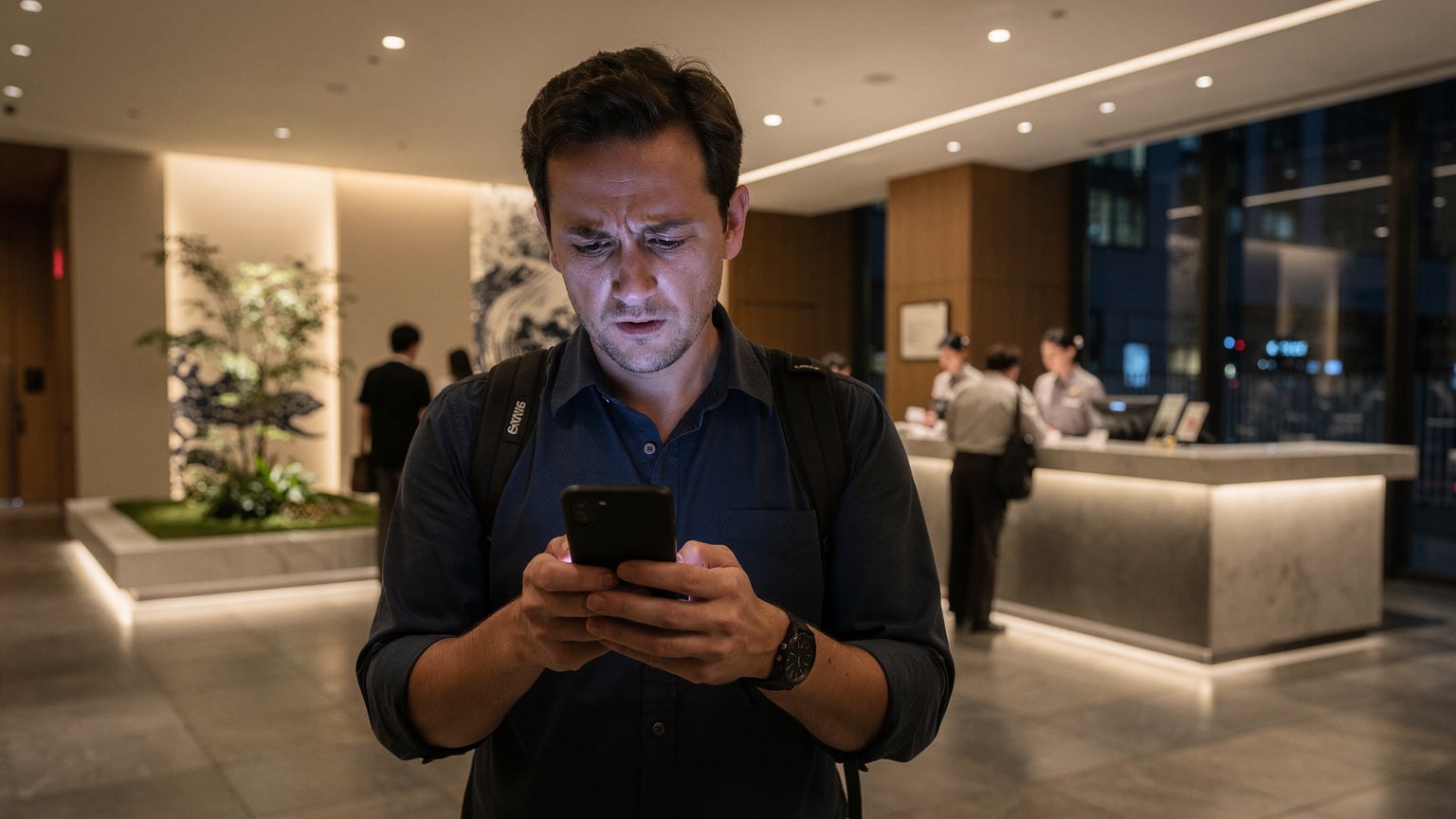Seorang turis terlihat frustasi di lobi hotel Jepang yang modern, memegang ponselnya dengan ekspresi khawatir, mungkin sedang menghadapi masalah koneksi internet atau reservasi, dengan latar belakang resepsionis yang sibuk.