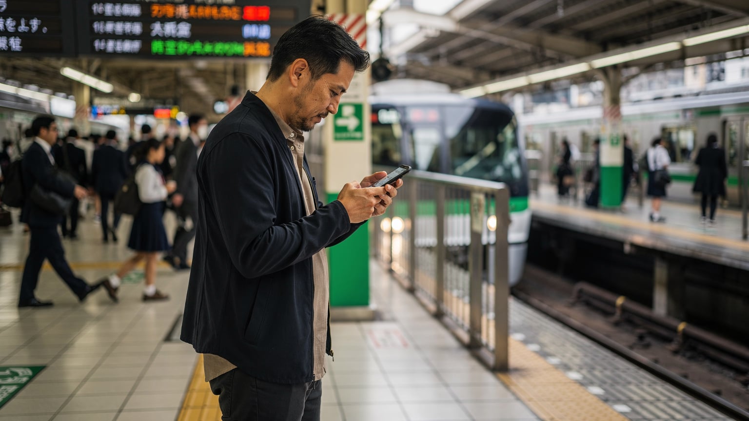 Seorang pria memegang ponsel di stasiun kereta Yamanote line yang ramai di Shinjuku, Jepang, sedang mengecek jadwal kereta atau peta jalur, dengan latar belakang papan informasi digital dan kerumunan penumpang.