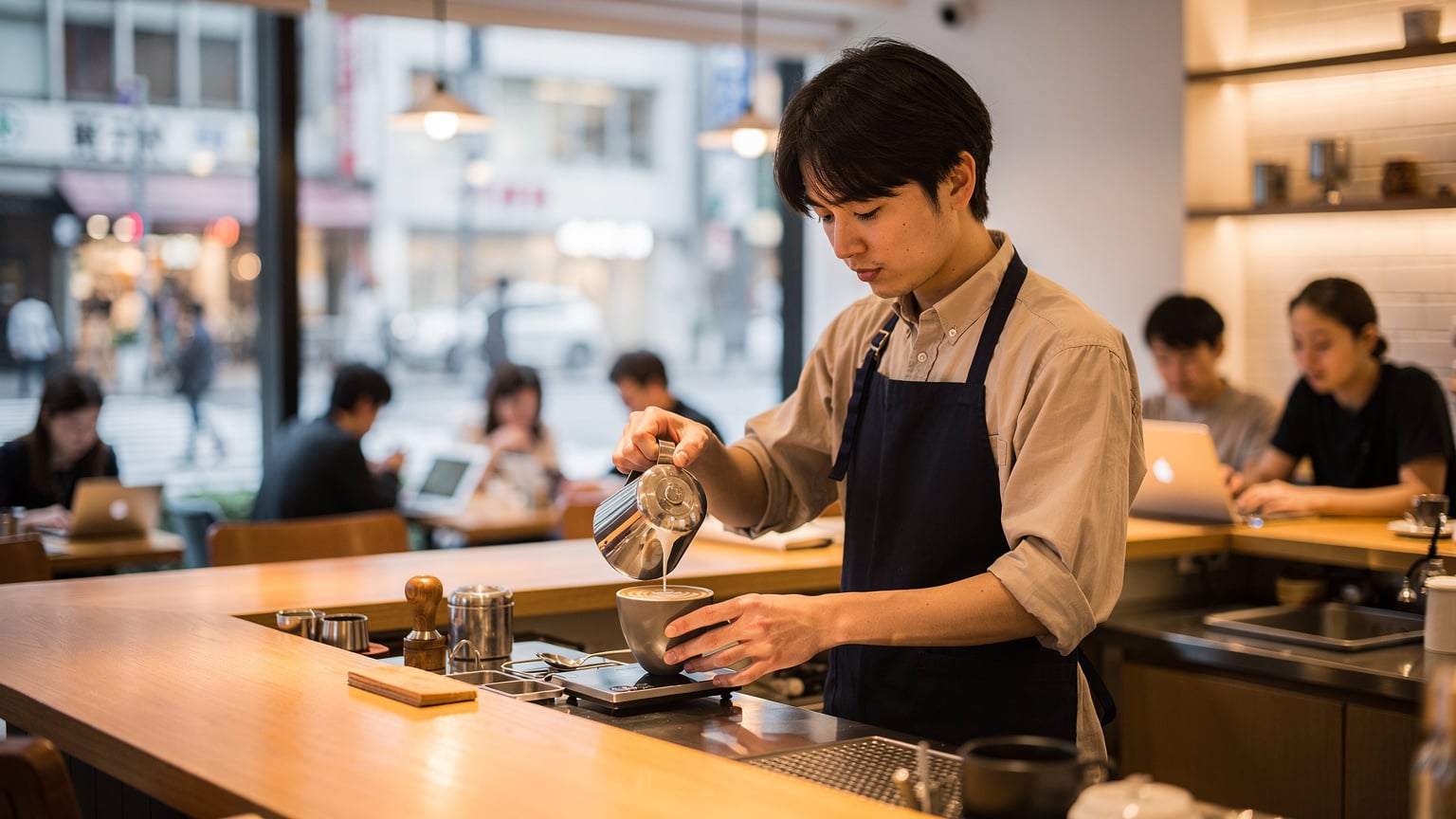 Seorang barista Jepang sedang menyiapkan kopi di sebuah kedai kopi yang ramai di daerah Ginza, Tokyo, dengan pelanggan yang sibuk dengan laptop mereka di latar belakang, menunjukkan suasana kerja yang produktif.