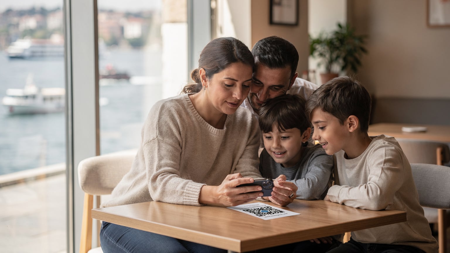 O familie română, cu doi copii de vârste școlare, scanează un cod QR de activare eSIM pe un smartphone, așezați la o masă într-o cafenea modernă și luminoasă din zona Karaköy, Istanbul, cu vedere spre Bosfor. Atmosfera este relaxată și plină de anticipare înainte de a explora orașul.