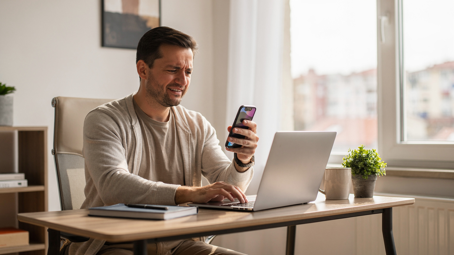 Un bărbat (părinte) stă într-un birou modern și plin de lumină din București, România, cu un smartphone în mână, comparând tarifele eSIM Cellesim cu cele de roaming Digi pe un laptop, afișând inițial frustrare, apoi ușurare, indicând un moment de planificare financiară a călătoriei.