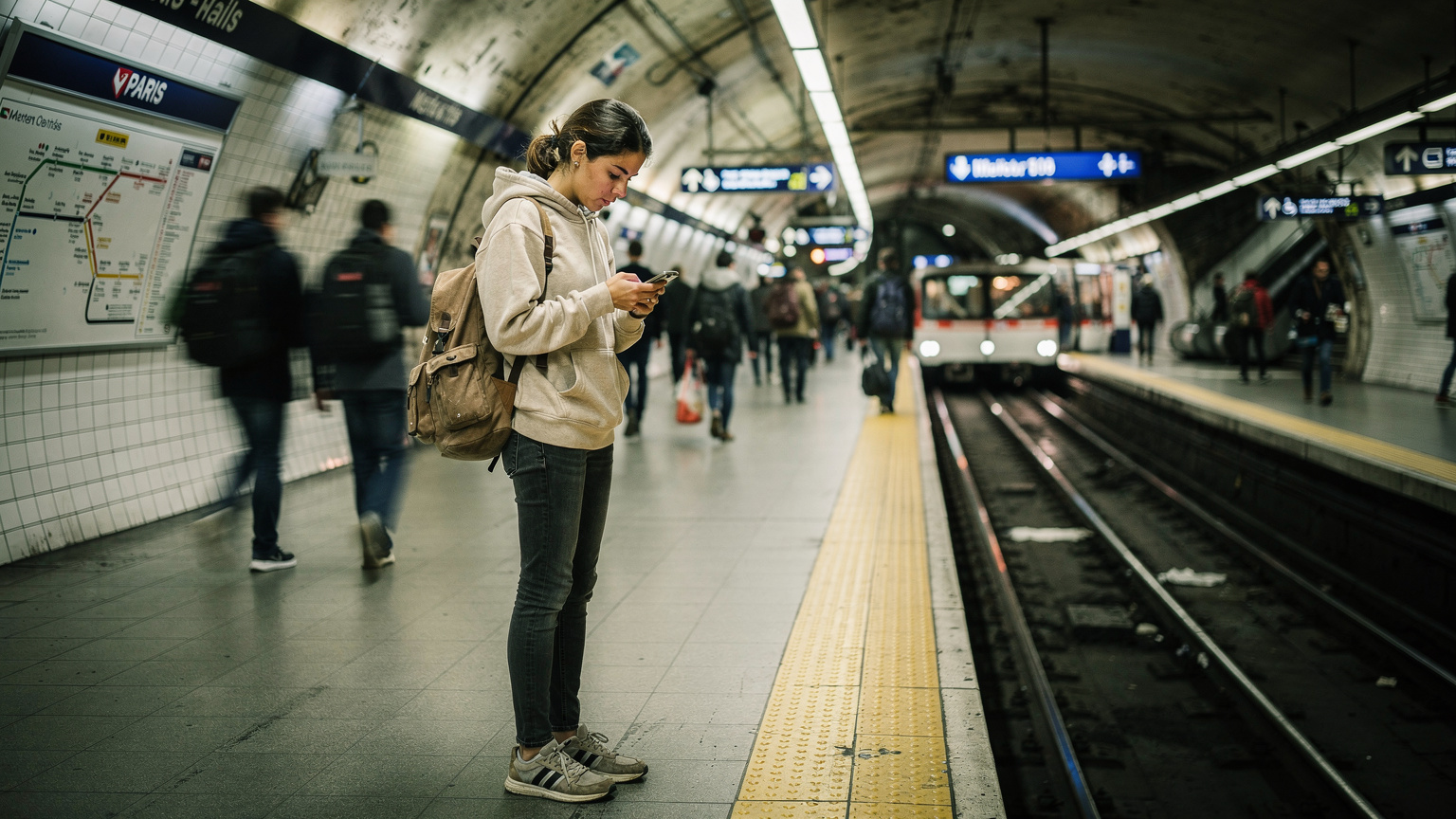 Een gefrustreerde reiziger bij een metrostation in Parijs, naar haar telefoon starend terwijl ze probeert verbinding te maken, omringd door gehaaste forenzen.