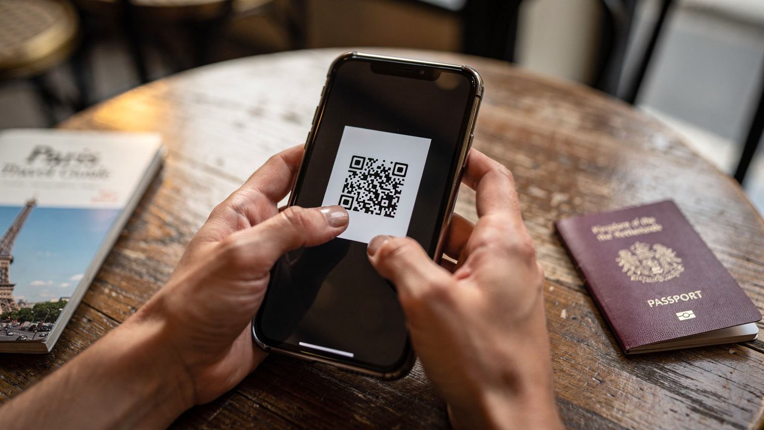 Close-up van handen die een eSIM QR-code scannen op een smartphone, met een reisgids van Parijs en een paspoort op de achtergrond.