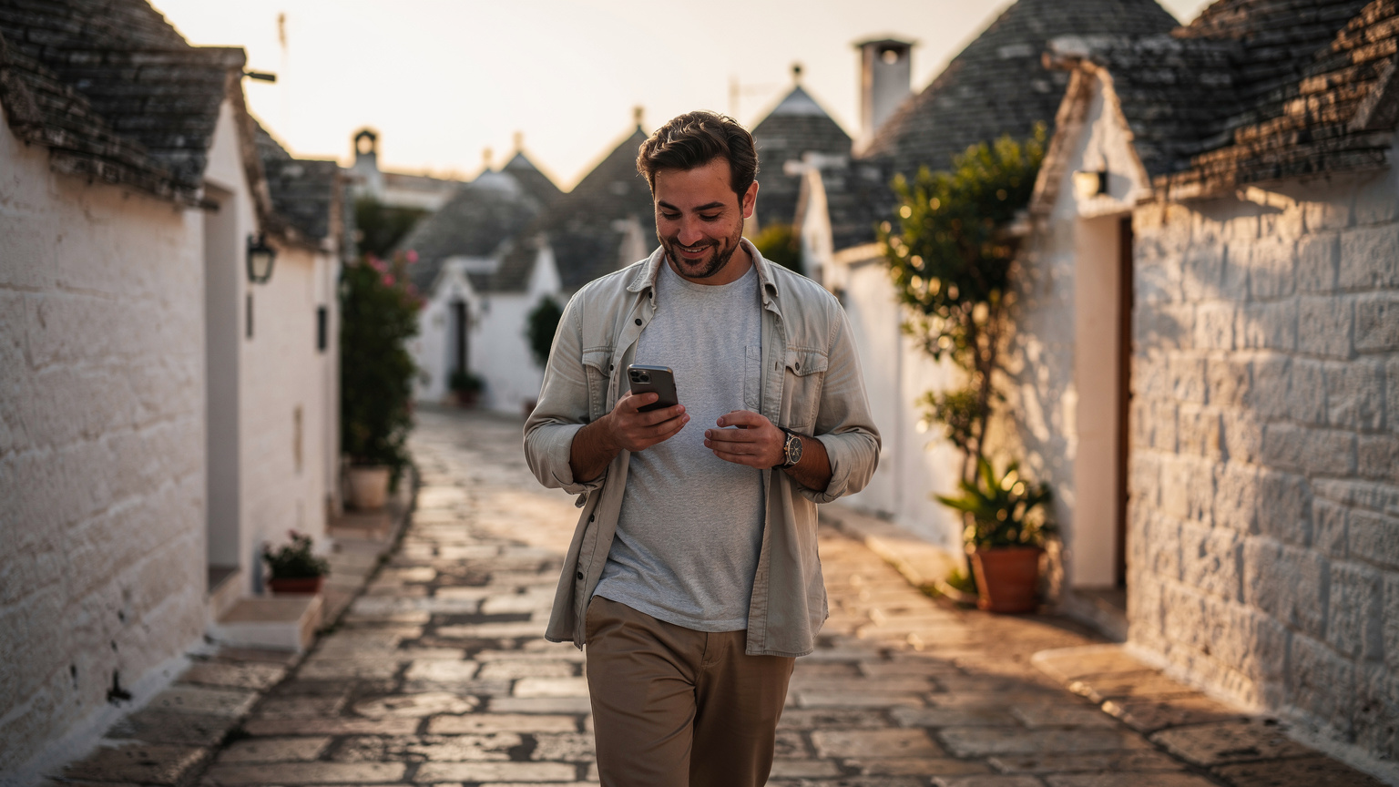 Un uomo con uno smartphone in mano, mentre cammina per le vie di Alberobello, Puglia, Italia, durante il tramonto, controllando la copertura di rete in un'area turistica.