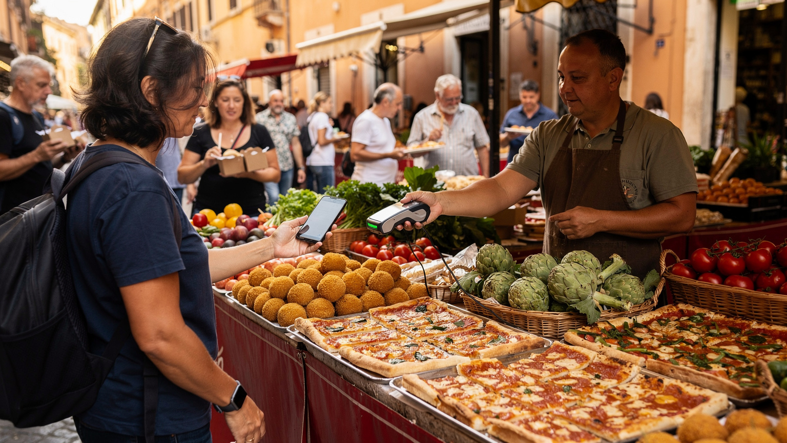 Un vivace mercato alimentare nel quartiere di Testaccio a Roma, con un viaggiatore che paga con il telefono al banco di un venditore di street food, circondato da prodotti freschi e persone che gustano il cibo.