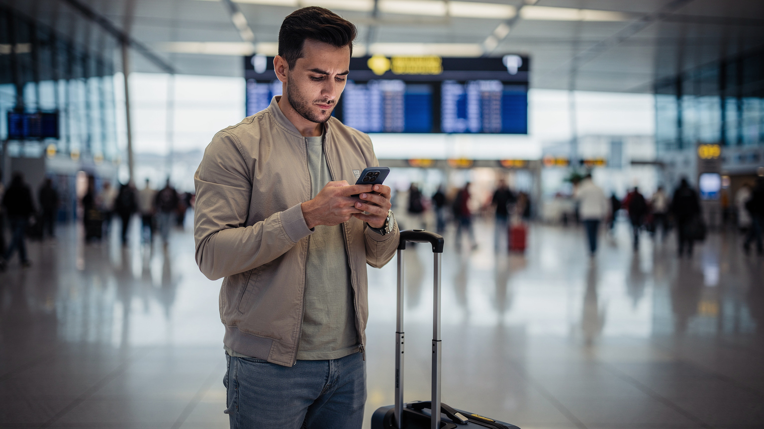 Un giovane viaggiatore con un'espressione perplessa mentre fissa il suo smartphone in un affollato terminal dell'aeroporto di Fiumicino a Roma, con il bagaglio a mano accanto a lui, suggerendo un problema di connettività.