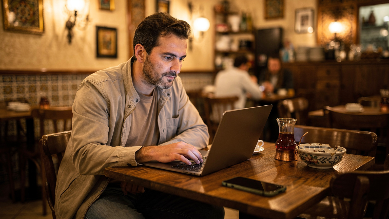 Ein Reisender sitzt in einem türkischen Café in Cihangir, Istanbul, und tippt auf seinem Laptop, während sein Smartphone daneben liegt. Im Hintergrund ist eine traditionelle Teekanne zu sehen.