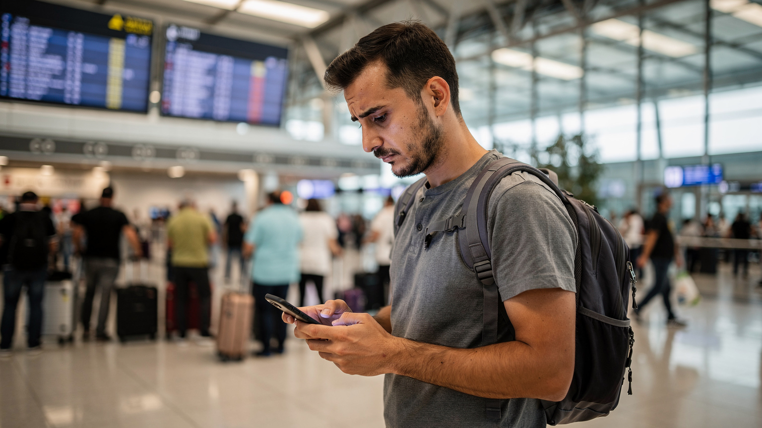 Ein Reisender blickt besorgt auf sein Smartphone, während er in der Ankunftshalle des Flughafens Istanbul (IST) steht, umgeben von Menschenmengen.