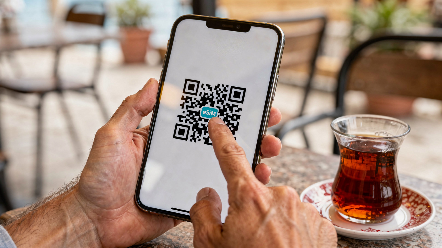 Nahaufnahme von Händen, die ein Smartphone halten, auf dem ein QR-Code zur eSIM-Installation angezeigt wird, mit unscharfem Hintergrund eines türkischen Teegartens.